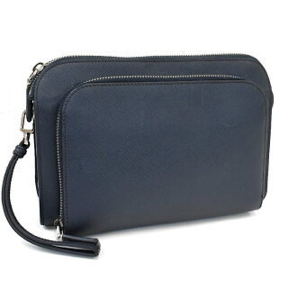 Prada Clutch Bag Shoulder Bag Wristlet Saffiano Navy Blue Triangle - Picture 1 of 8